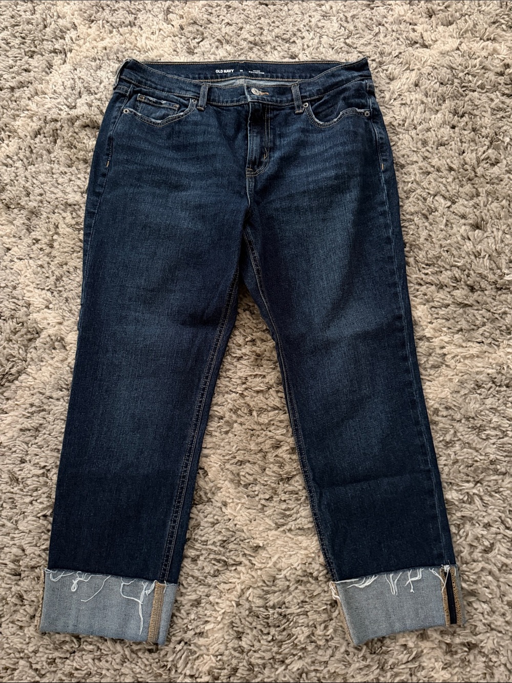 Old Navy Dark Indigo Boyfriend Jeans with Rolled Frayed Hems